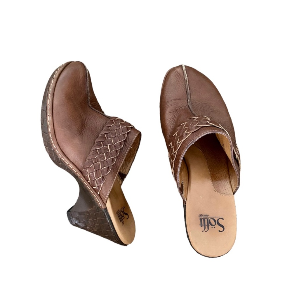 Sofft Clogs Size 7 Brown Leather Slip On Mule Block Heel Boho